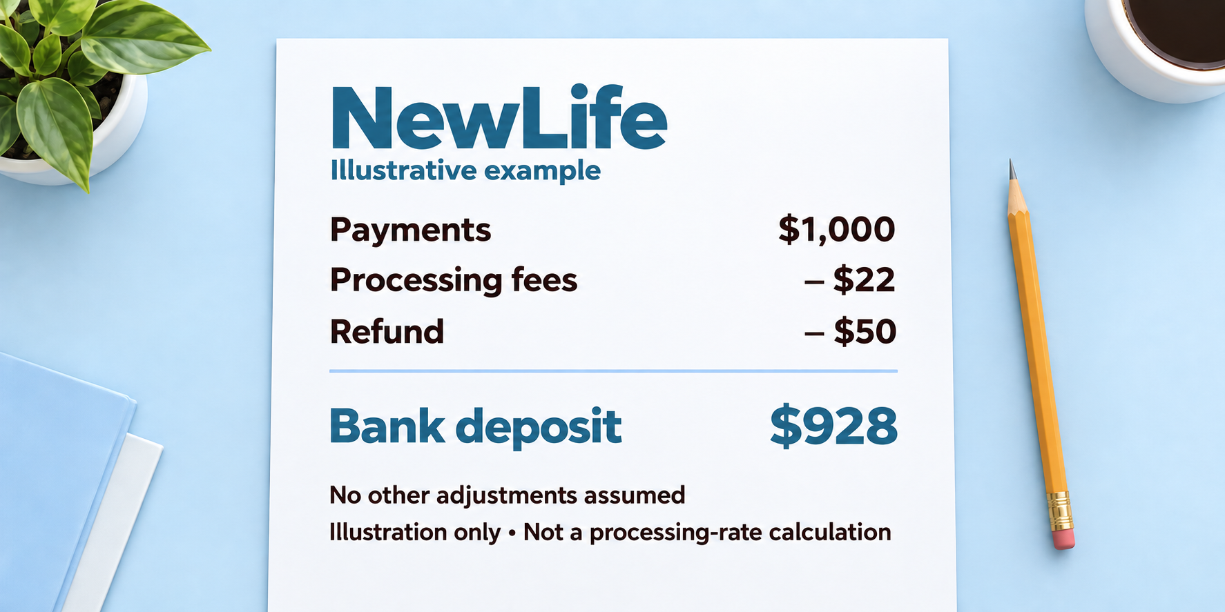 NewLife illustrative deposit worksheet: $1,000 in payments minus $22 processing fees and a $50 refund equals $928. No other adjustments assumed; not a processing-rate calculation.