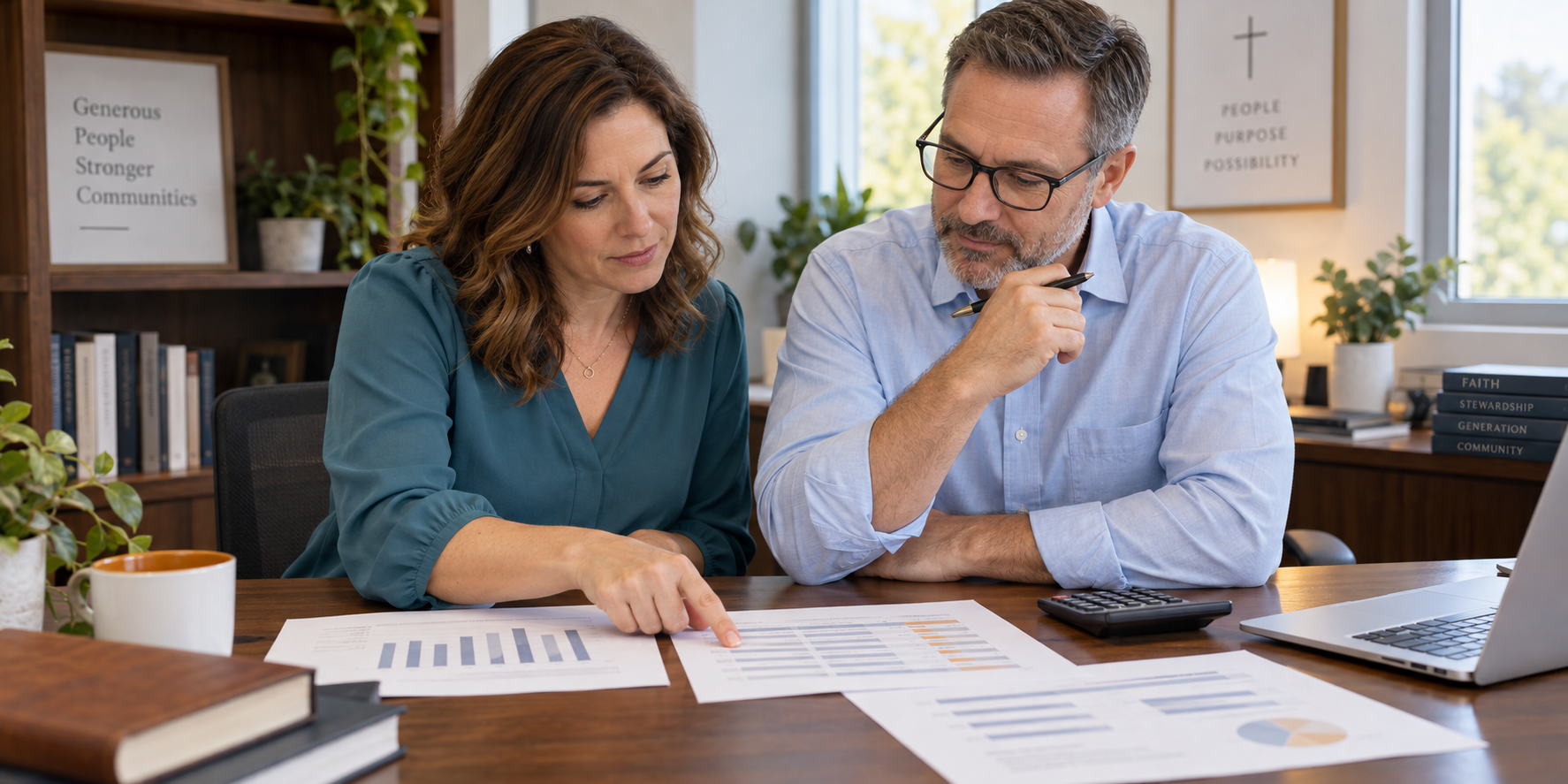 Two church finance volunteers reviewing a giving-cost comparison.