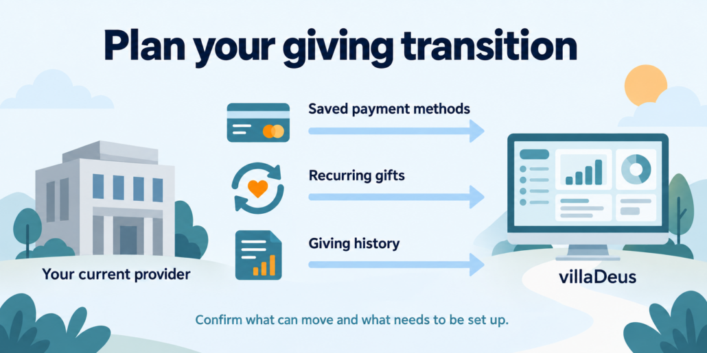 Plan a move from your current giving provider to villaDeus: saved payment methods, recurring gifts, and giving history. Confirm what can transfer and what needs to be set up.