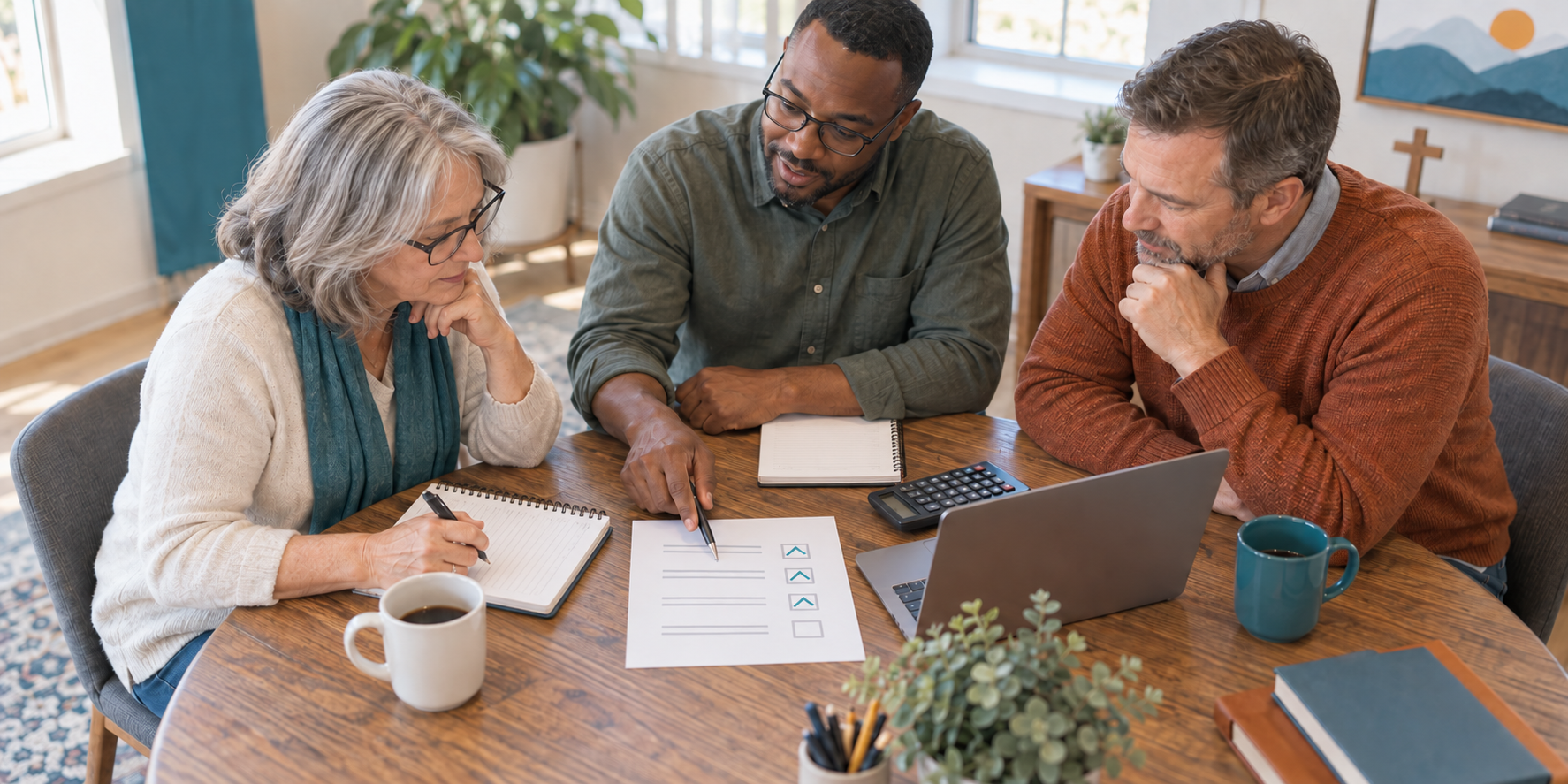 Three church finance volunteers reviewing a giving-provider checklist together.